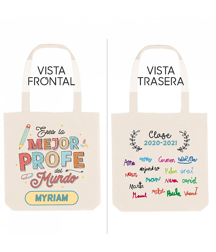 Tote bag personalizada para profesora con firmas de los alumnos