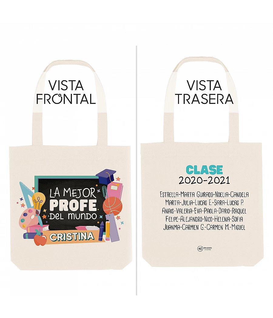 Tote bag con diseño de pizarra personalizada con nombre profesora