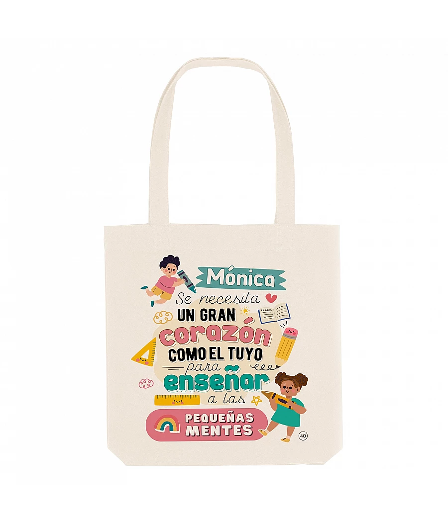 Tote bag personalizada con nombre profesora y diseño 'Pequeñas mentes'