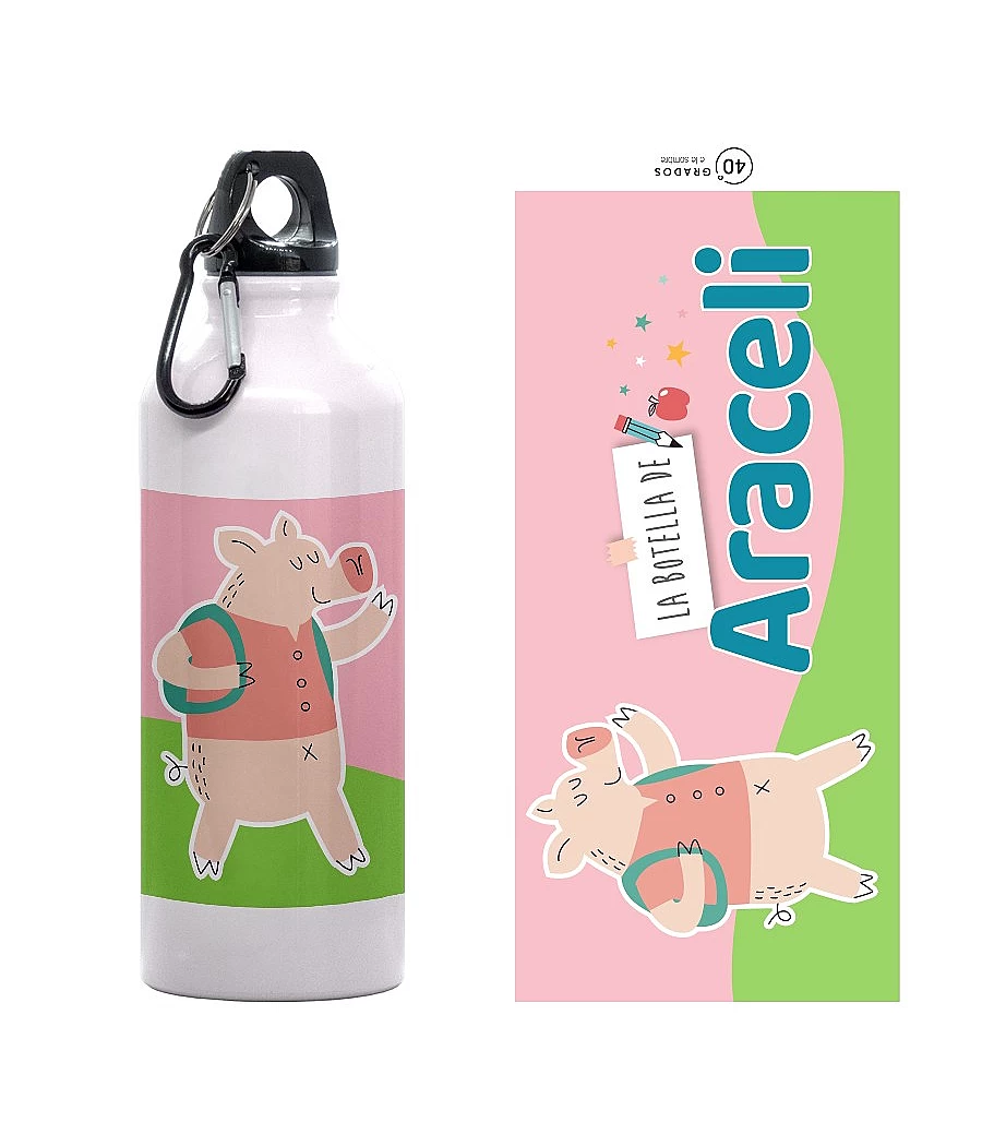 Botella cantimplora personalizada con nombre y dibujo de animales