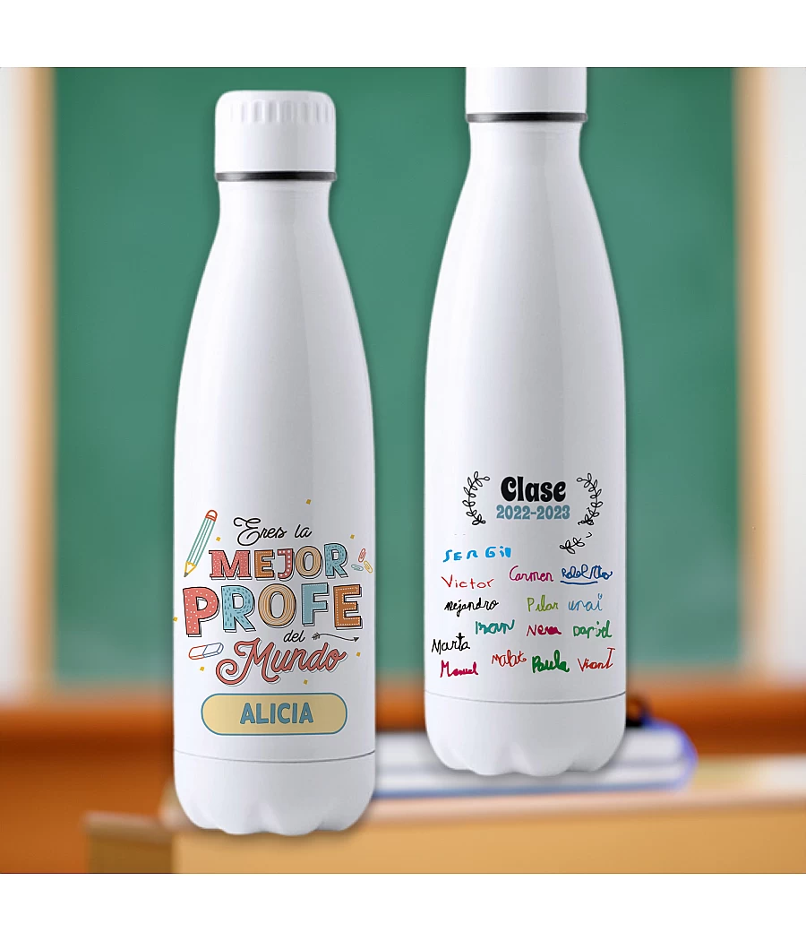 Botella personalizada con firmas de alumnos para profesores